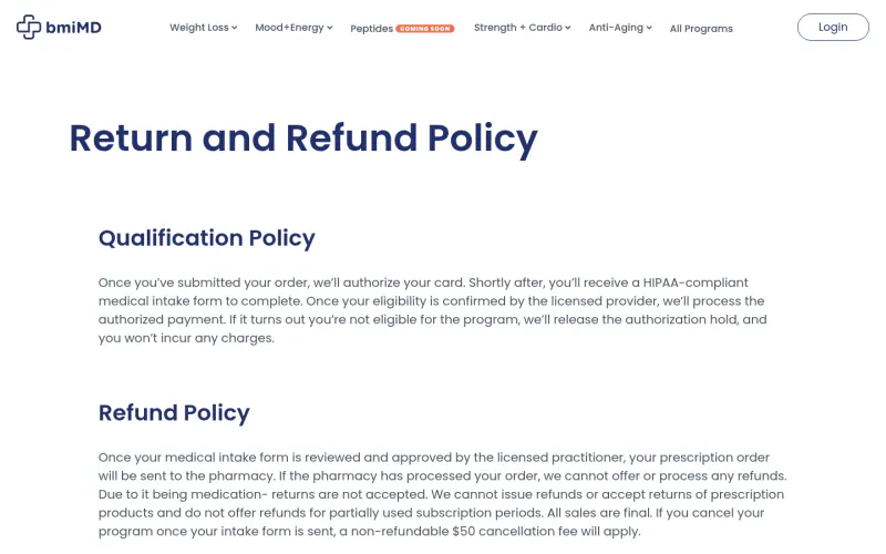 bmiMD refund policy page screenshot