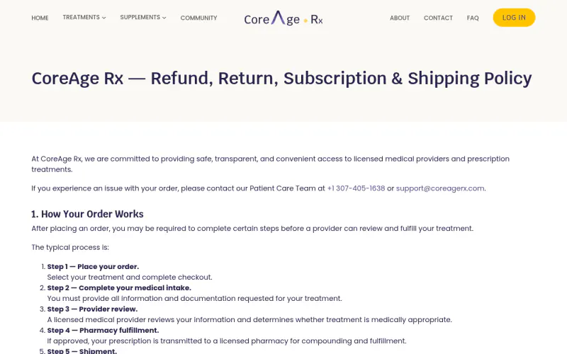 CoreAge Rx refund policy page screenshot