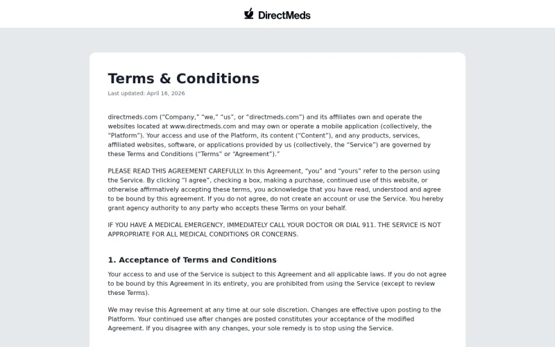 Direct Meds GLP-1 terms page screenshot