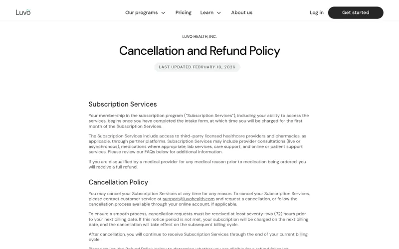 Luvo Health refund policy page screenshot