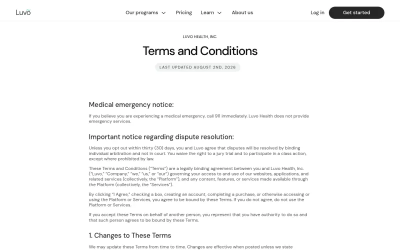 Luvo Health terms page screenshot