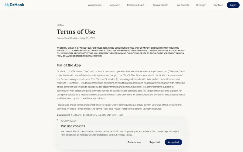 MyDrHank terms page screenshot
