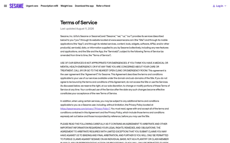 Sesame Care terms page screenshot