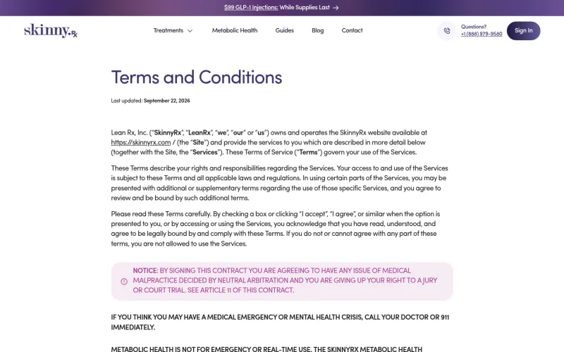 SkinnyRx terms page screenshot