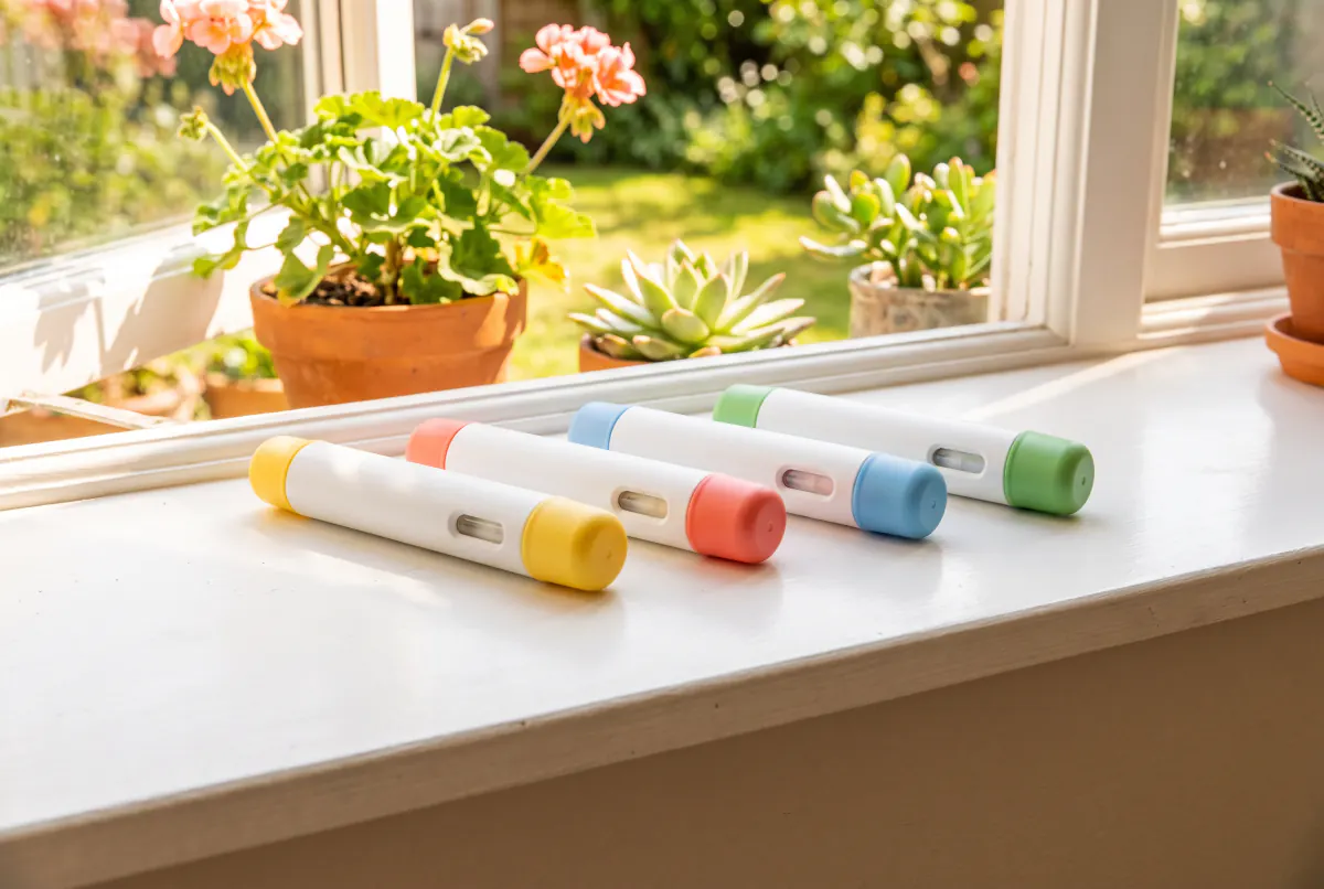 A row of plain injection pens in bright colours on a sunny windowsill