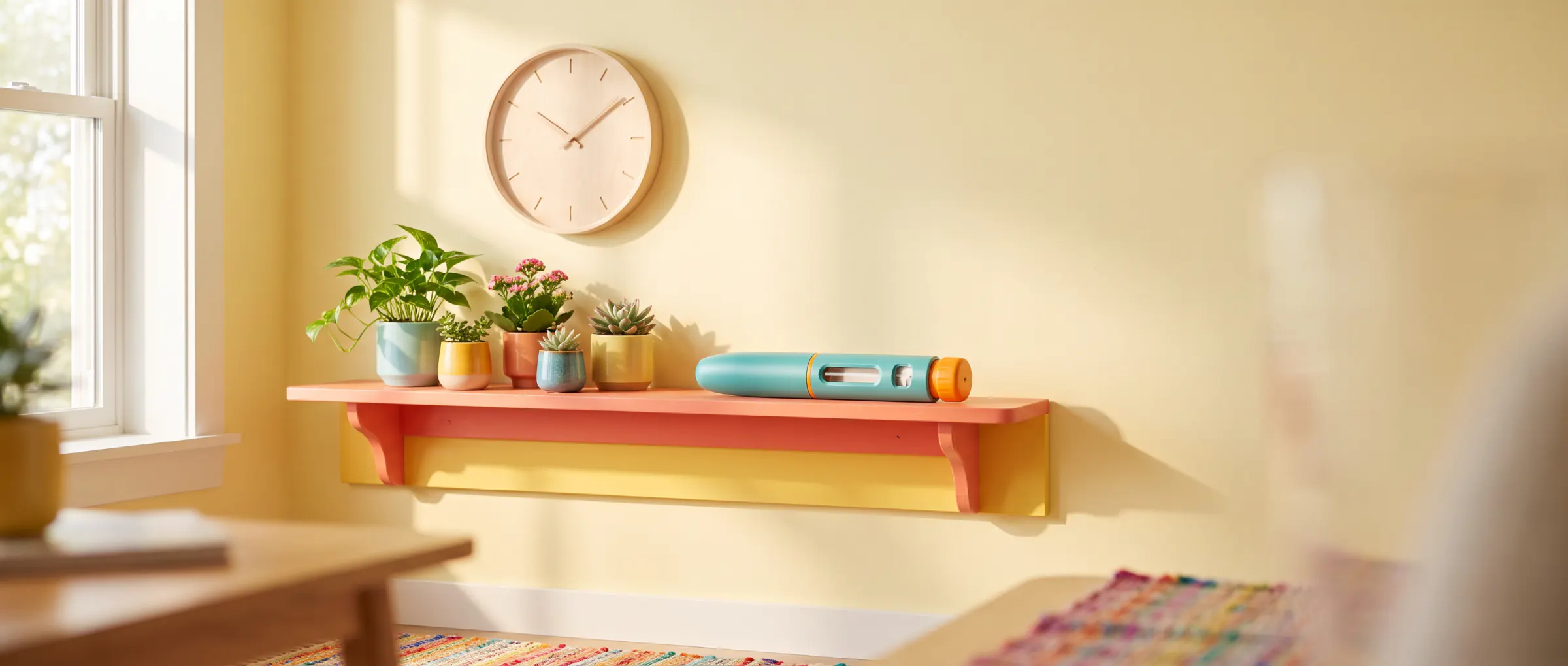 A wall clock and an injection pen on a sunny shelf with plants