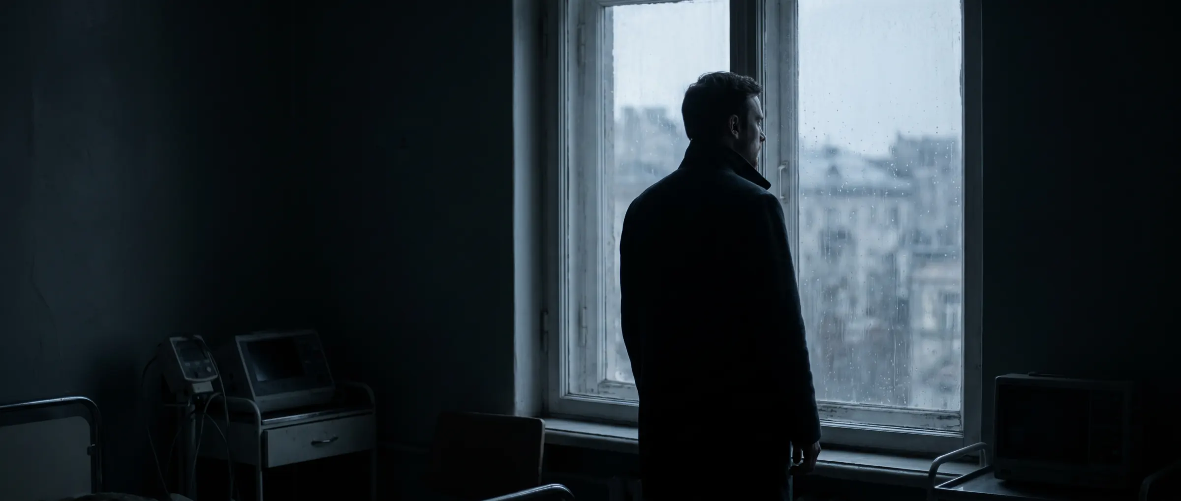A person seen from behind at a window in low light, face not visible