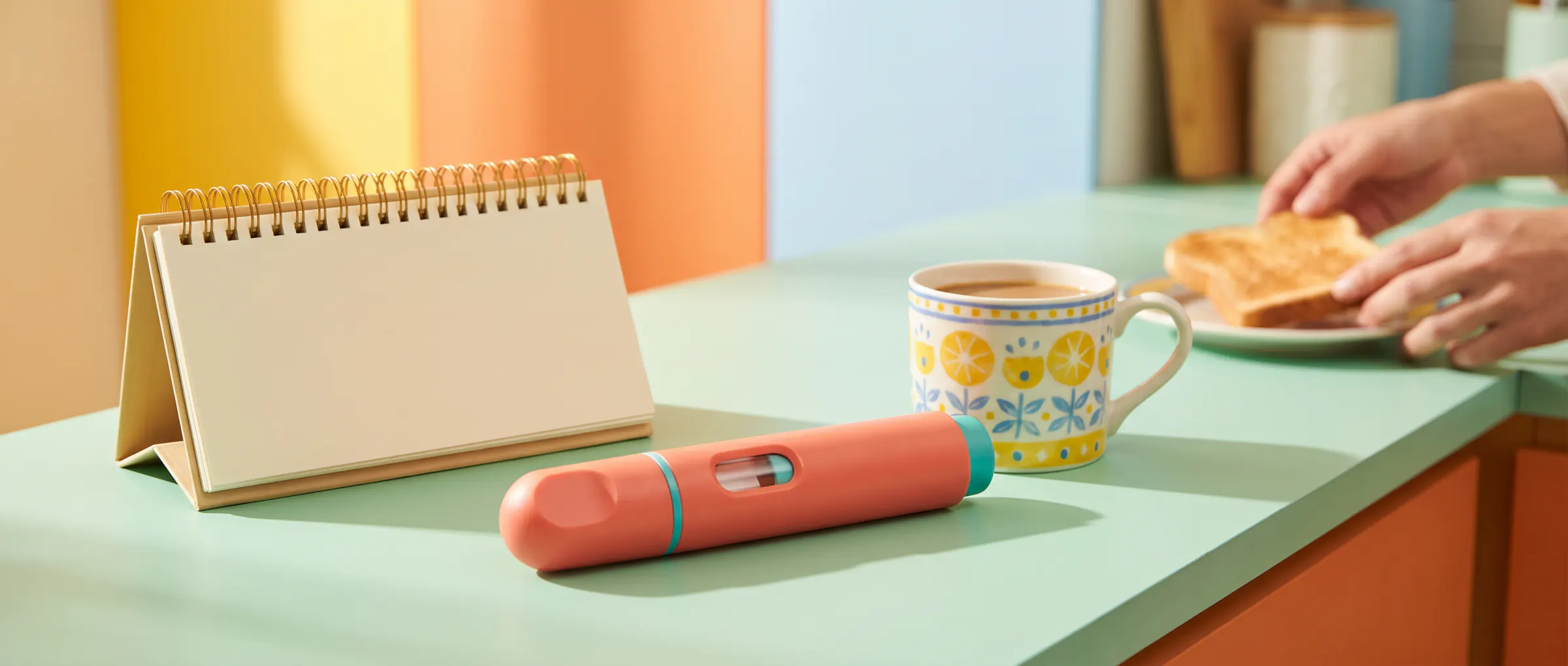 An injection pen beside a small blank desk calendar on a sunny table