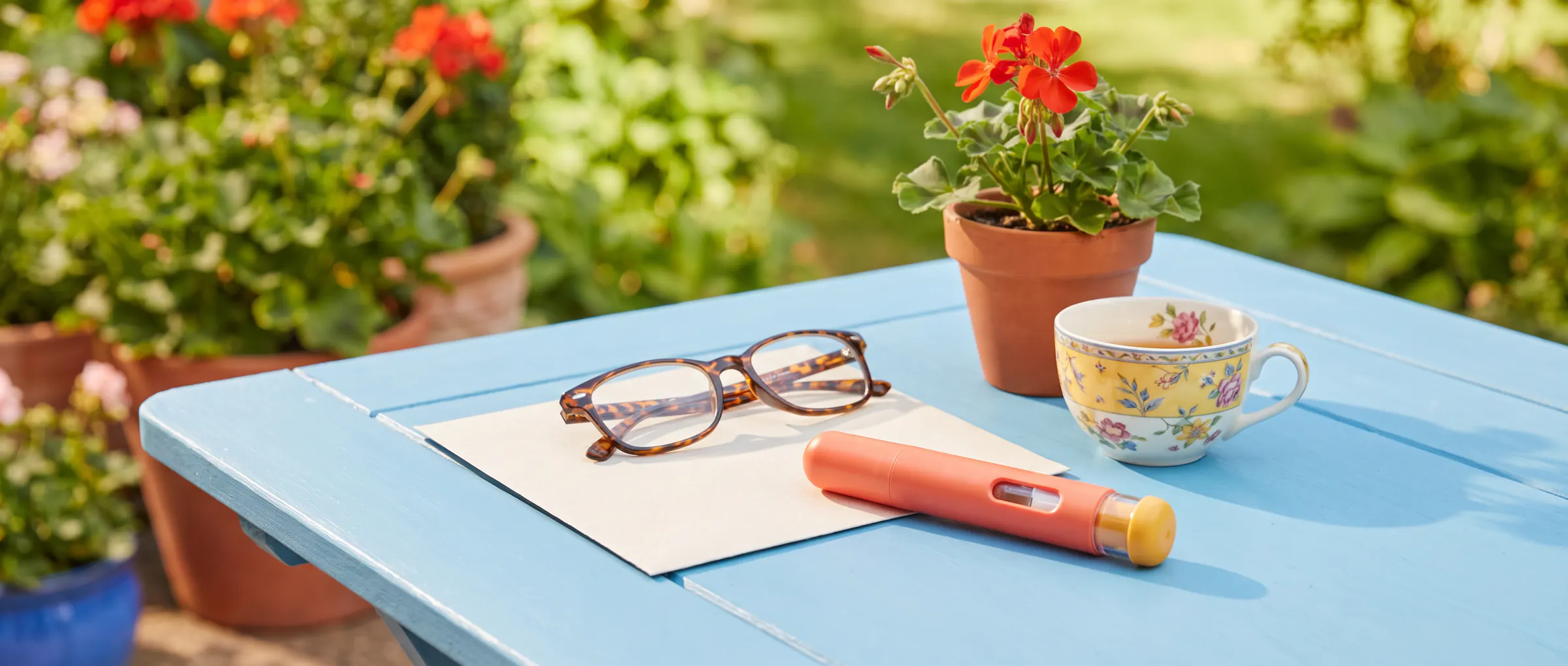 Reading glasses on an envelope beside a plain injection pen on a sunny garden table