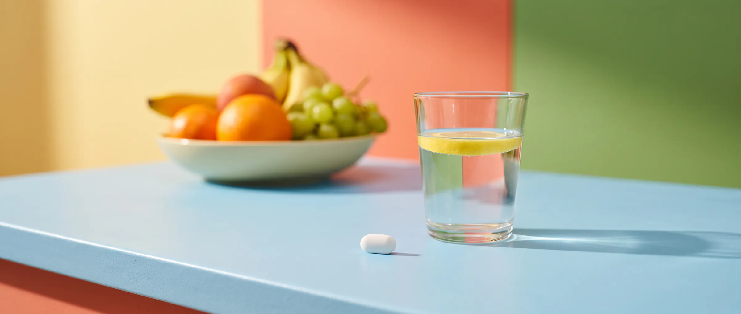 A small white tablet beside a glass of water on a sunny table