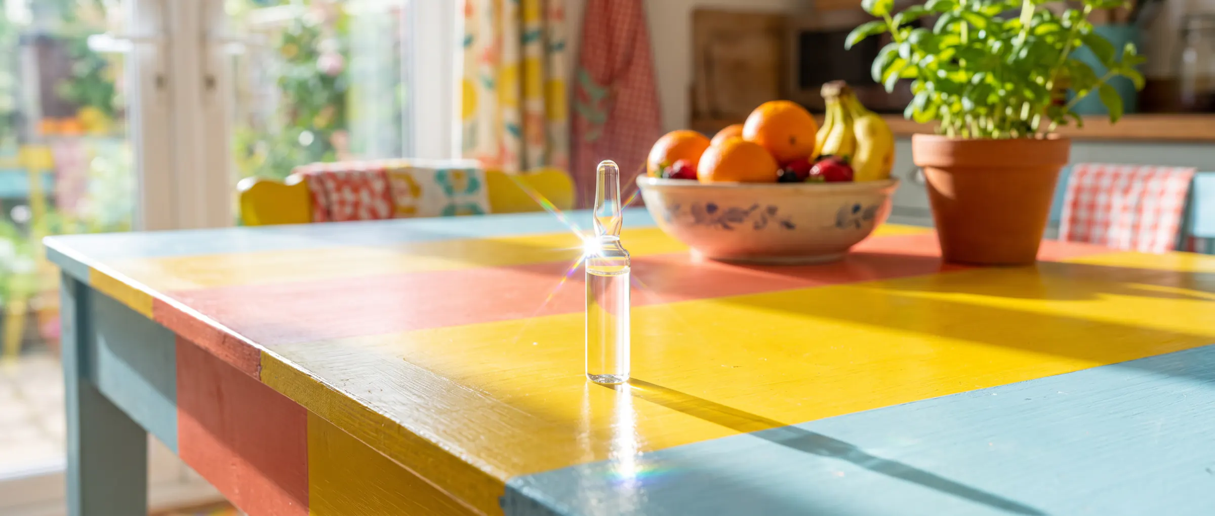 A small glass ampoule catching the sun on a colourful kitchen table