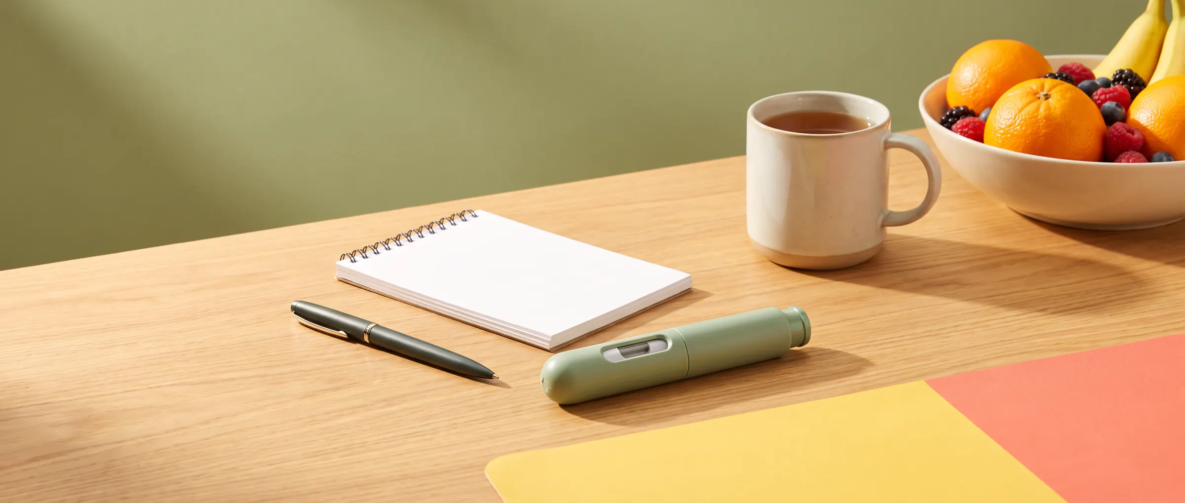 A blank notepad, a pen and a plain injection pen on a sunny kitchen table