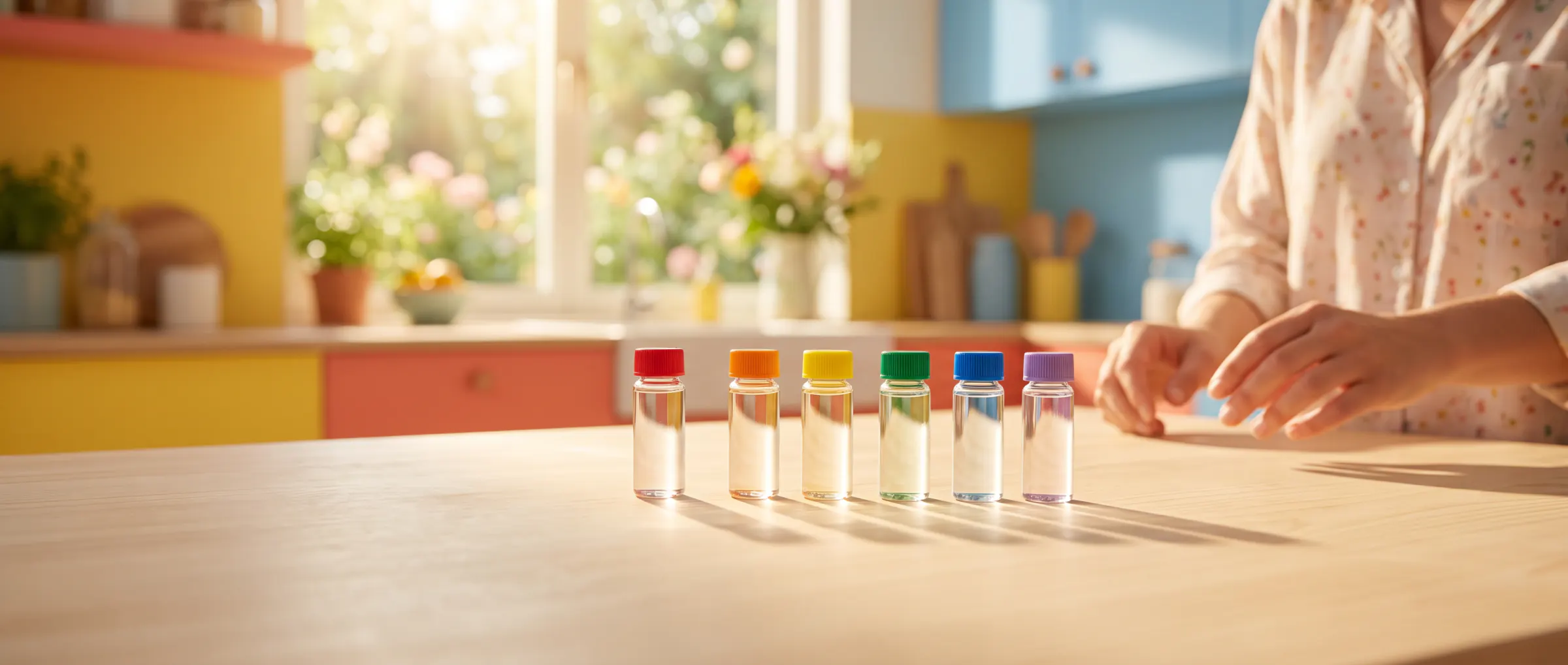 Six plain vials with caps in rainbow colours in a row on a sunny table