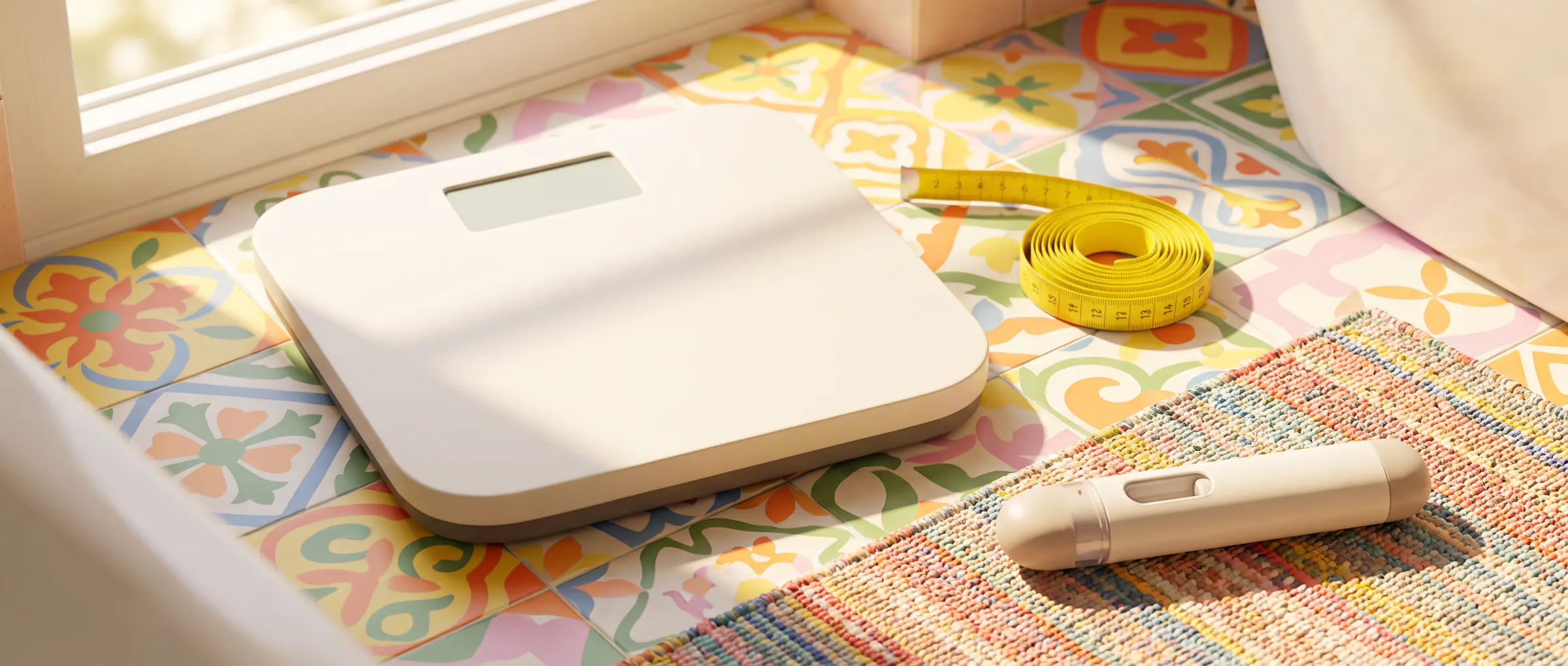 A bathroom scale, a tape measure and a plain injection pen on a bright tiled floor